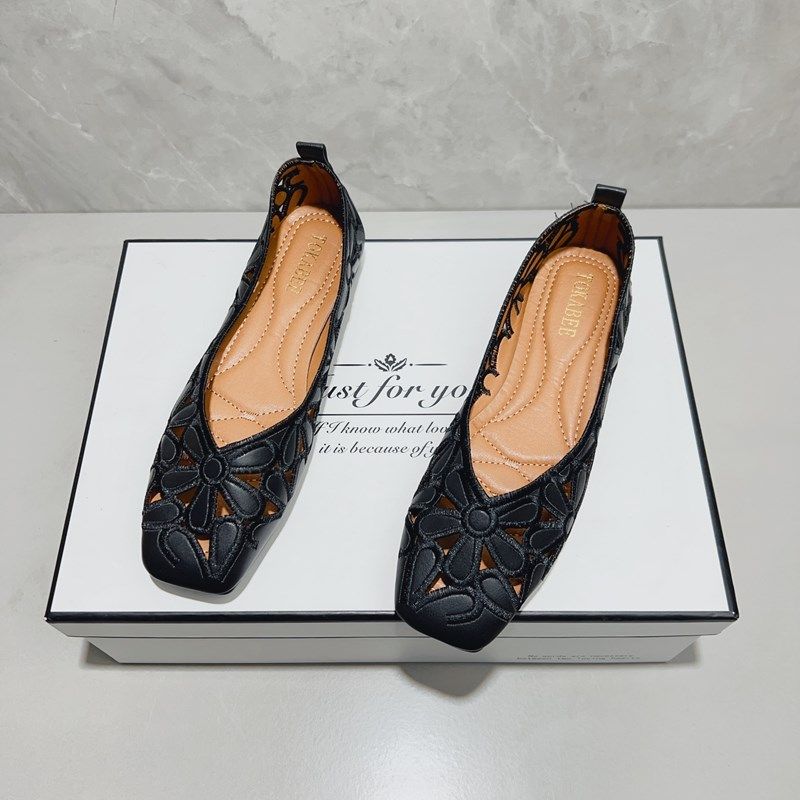 2025新款镂空方头浅口单鞋女夏韩版百搭透气豆豆鞋大码工作平底鞋,淘宝优惠券,粉丝福利购,淘宝优惠卷