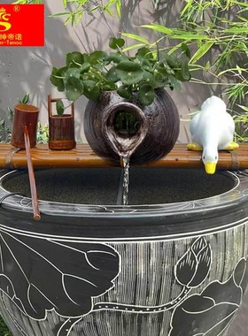 庭院陶罐流水器陶瓷鱼缸循环过滤A增氧竹子搭配水池石槽造景摆件