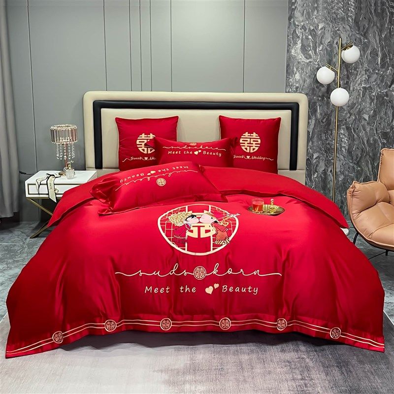 全棉刺绣结婚大红色婚庆四件套纯棉被套高档中式陪嫁简约床上用品 - 图2