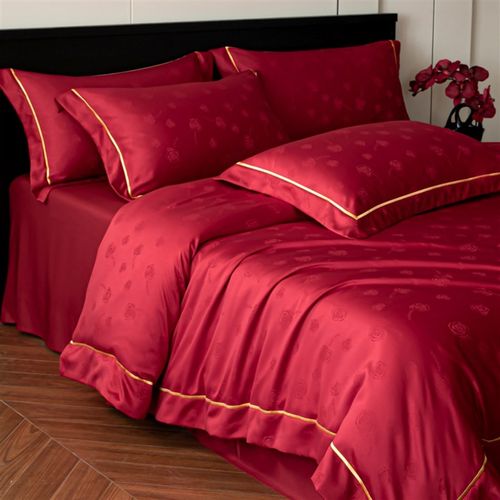 高档浪漫玫瑰提花结婚四件套婚庆红色被套床单陪嫁新婚房喜被床品 - 图3