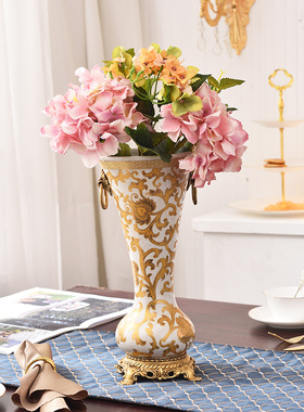 美式欧式金色铜配瓷奢华果盘花瓶纸巾盒 乔迁客厅玄关装饰品摆件