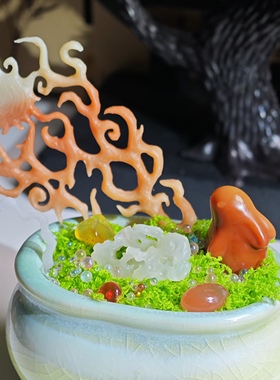 高9.8cm，清供老挝石火纹 兔子 太湖石，完整带盆出