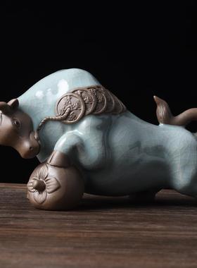 陶瓷牛气冲天摆件创意哥窑个性生肖牛大号招财家居装饰品转运摆设