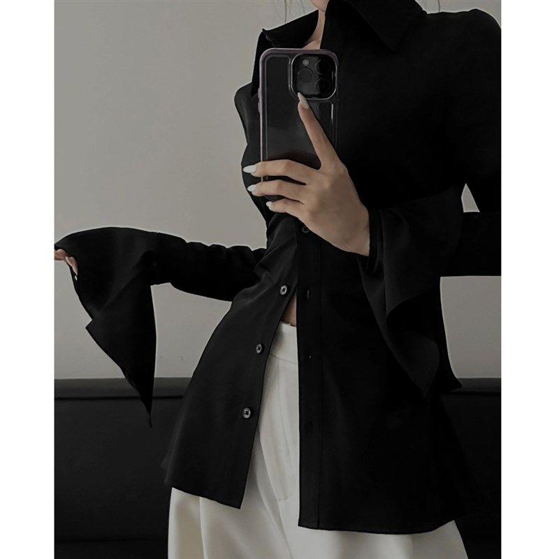 春季酷飒御姐风高级感时尚套装女炸街喇叭袖衬衫白色阔腿裤两件套,淘宝优惠券,粉丝福利购,淘宝优惠卷