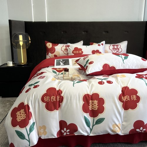 简约婚庆四件套大红色红花喜被婚床单笠新婚庆房嫁礼床上用品中式 - 图2