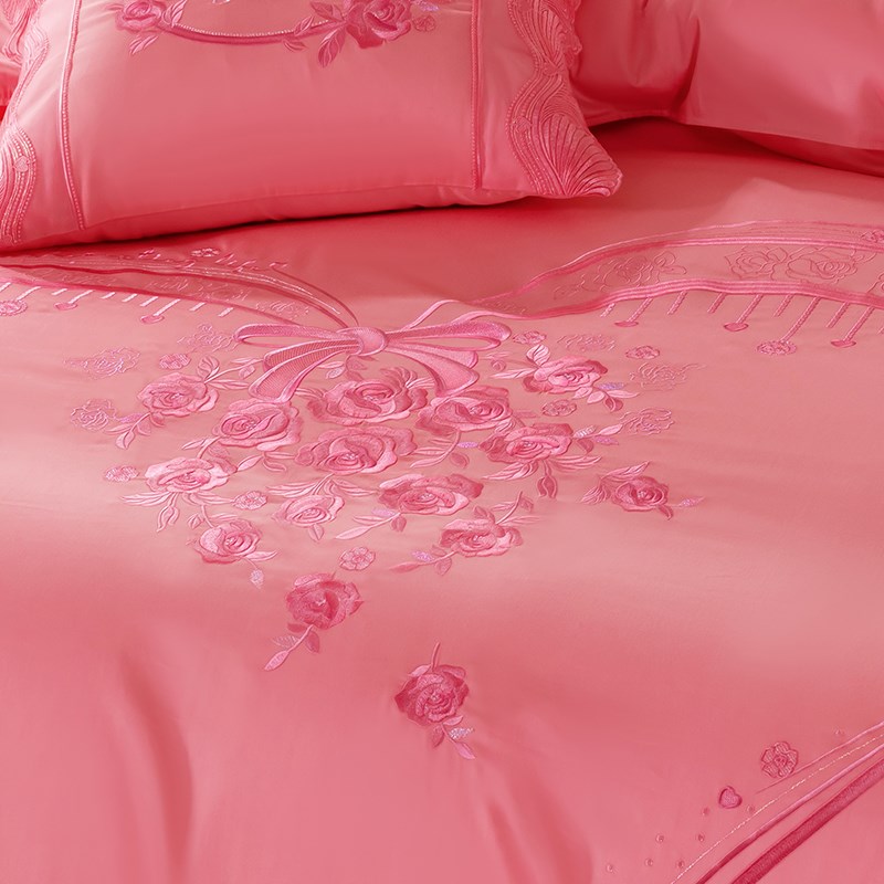 140支全棉婚庆四六件套刺绣蕾丝结婚粉红色被套床单新婚床上用品 - 图2