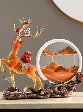 新中式招财鹿流沙画摆件客厅电视柜玄关高档乔迁新居礼品沙漏装饰