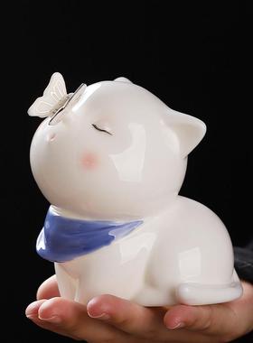 陶瓷可爱小猫咪摆件 创意书桌办公室工位解压桌面动物轻奢装饰品