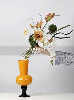 现代艺术中古风高脚玻璃花瓶插花样板房花艺客厅玄关餐桌黄色花器