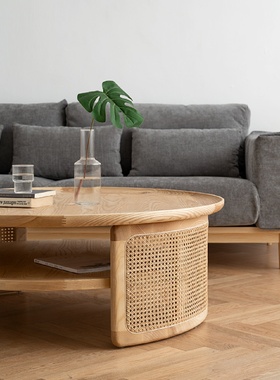 调性复古实木圆茶几北欧日式藤编茶桌民宿客厅沙发茶几设计师圆几