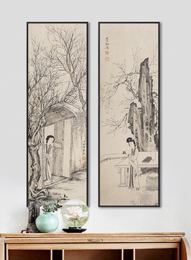 仕女图新中式装饰画客厅山水壁画四联画中国风酒店过道玄关挂画