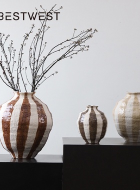 Bestwest侘俶新中式复古条纹大肚陶瓷花瓶花器酒店民宿会所样板间