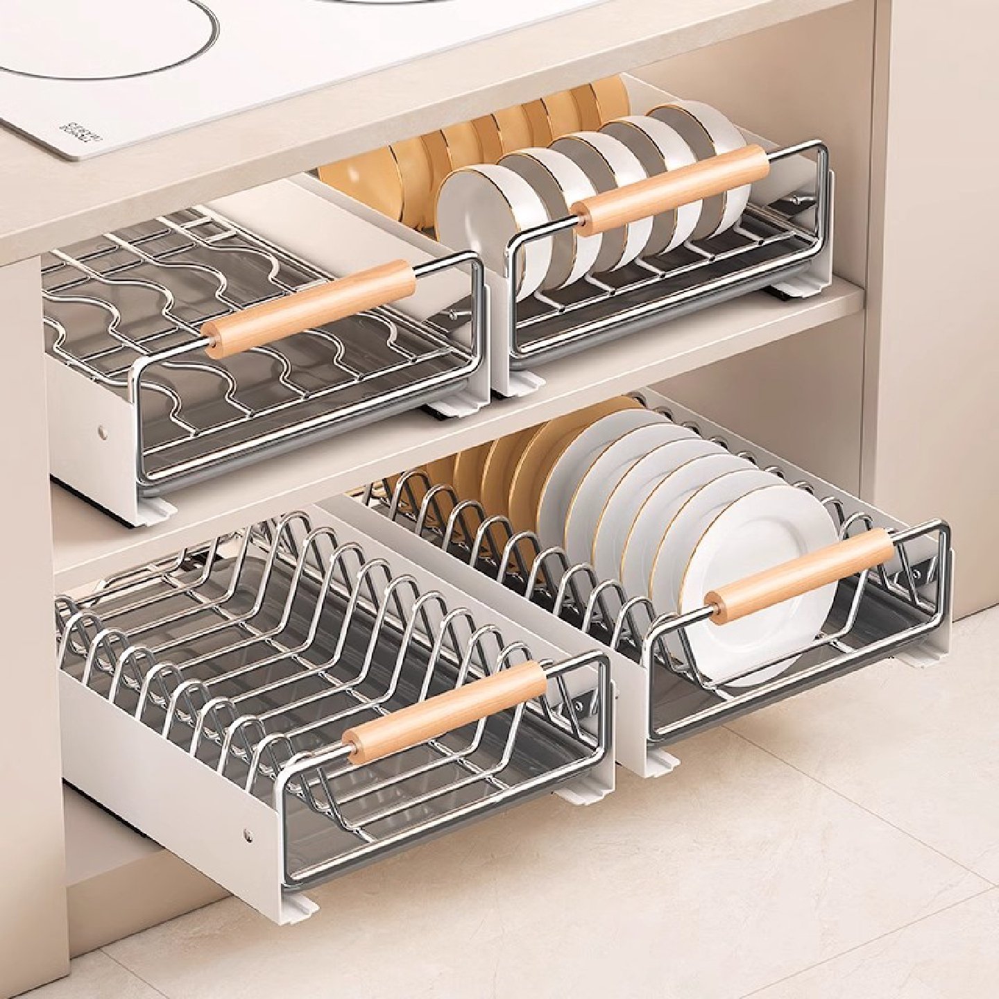 厨房碗盘收纳架碗碟拉篮抽屉式置物架橱柜内沥水抽拉碗篮内置碗架,淘宝优惠券,粉丝福利购,淘宝优惠卷