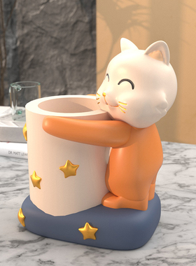 创意可爱招财猫笔筒摆件办公室桌面客厅家居实用装饰送礼好物