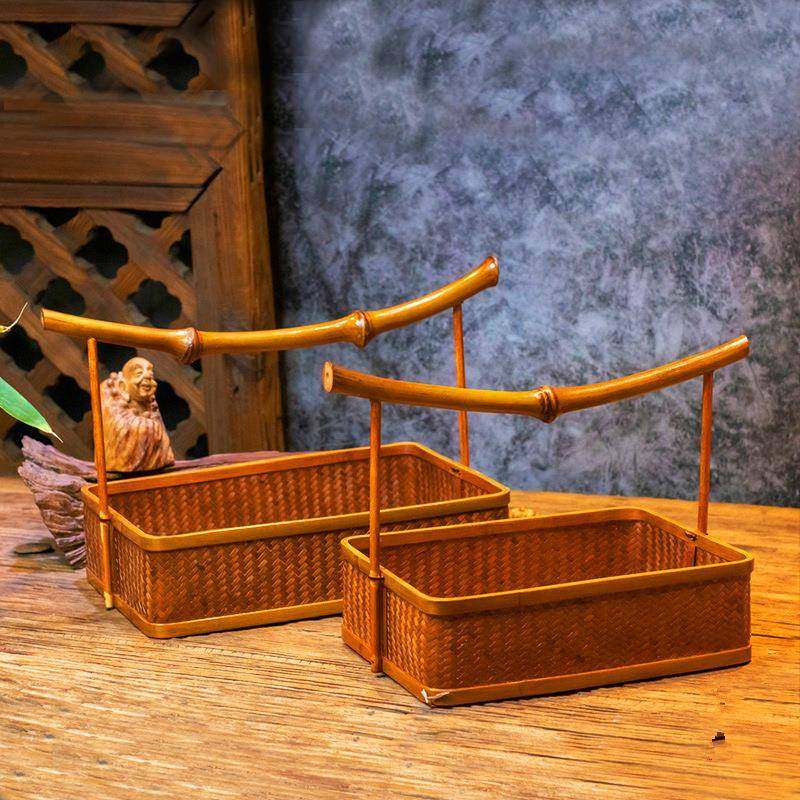 中式筇竹手工竹编仿古手提茶盘长方形圆形大号水果盆茶点盘收纳盒,淘宝优惠券,粉丝福利购,淘宝优惠卷