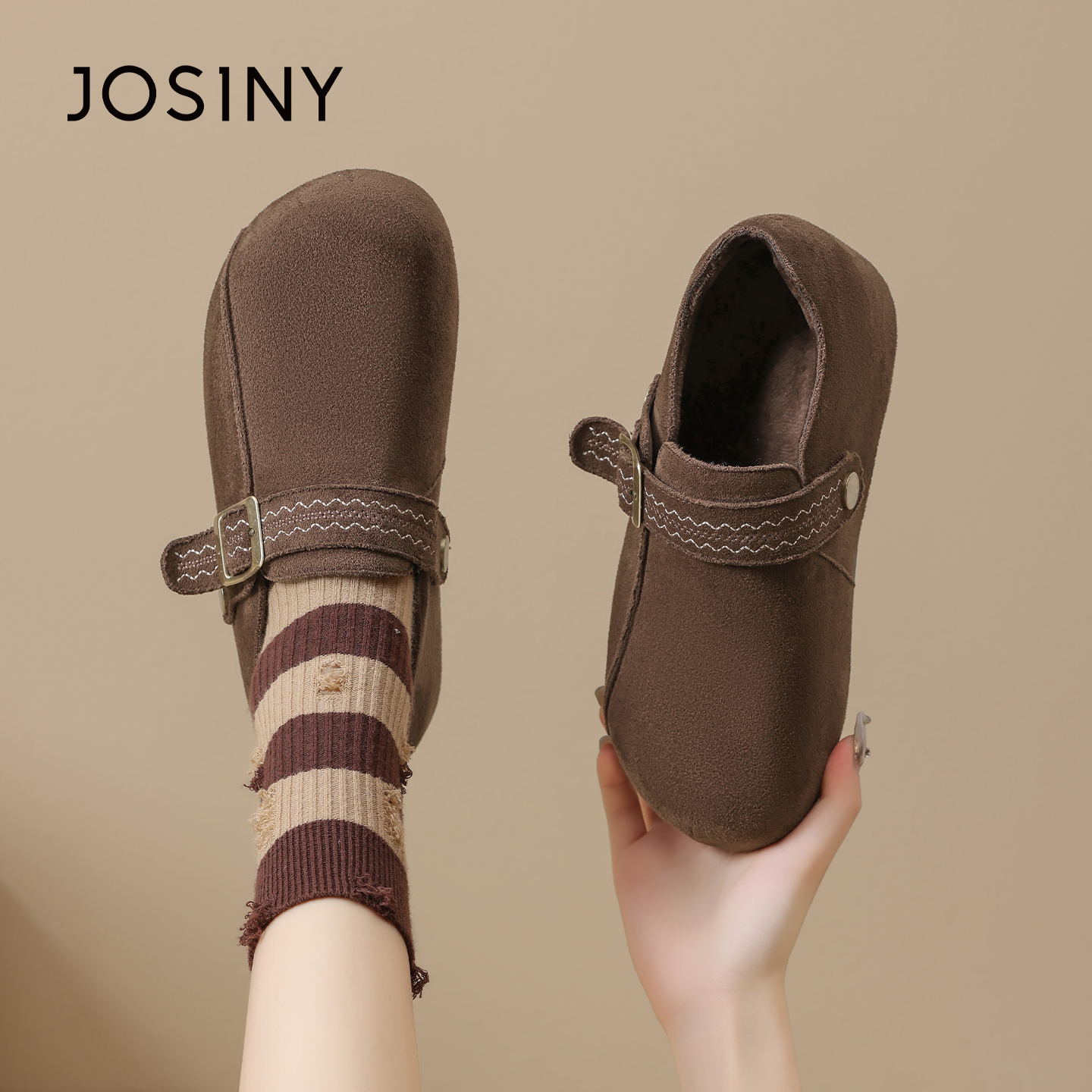 卓诗尼复古休闲皮带扣舒适保暖勃肯鞋2025年冬季新款女鞋加绒棉鞋 - 图3