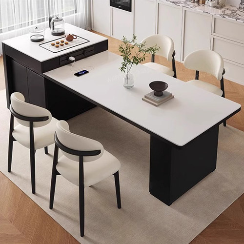 意式极简岩板岛台餐桌一体家用可伸缩2025新款小户型中导台吃饭桌 - 图0