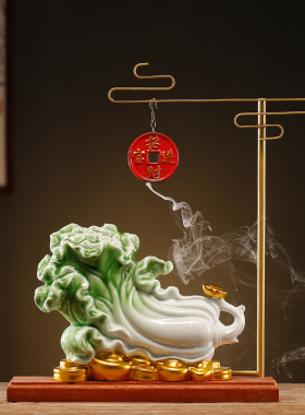 仿玉白菜摆件百财来福陶瓷工艺品客厅办公室酒柜装V饰开业乔迁送