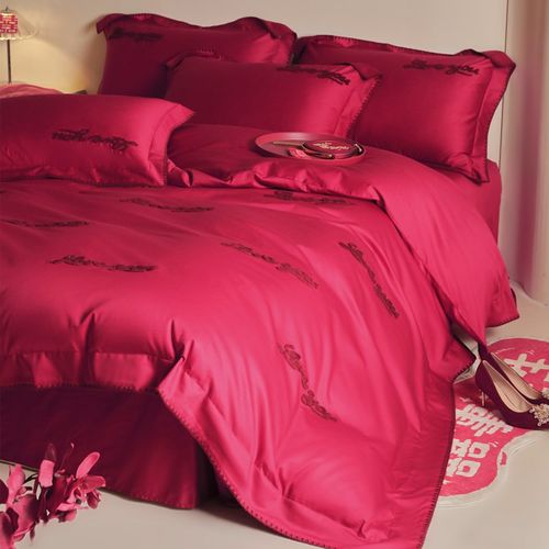 新中式喜字刺绣婚庆四件套红色被套床单喜庆婚嫁结婚床上用品 - 图3