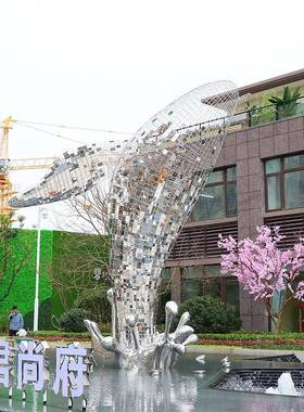 鲸鱼镂空雕塑不锈钢铁艺海洋动物摆件海豚金鱼悬挂吊装饰品定制