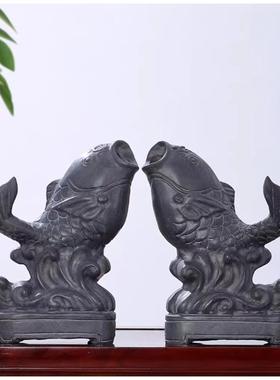 石雕喷水鱼摆件家用天然青石雕刻发财鱼年年有余庭院水池户外装饰