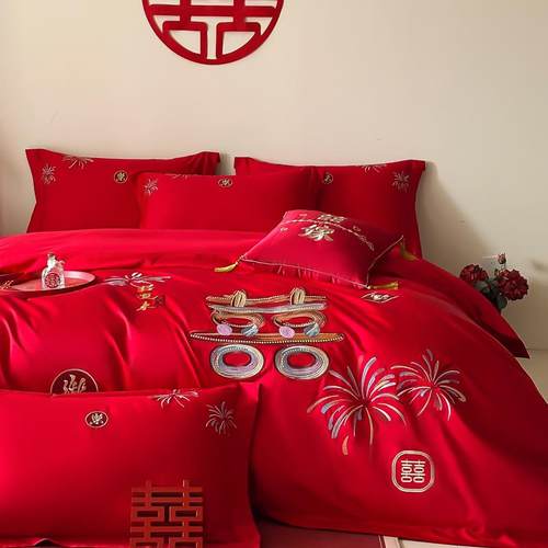 结婚四件套床上用品高档红色喜庆婚嫁婚房被套罩喜被床单2025新款 - 图1