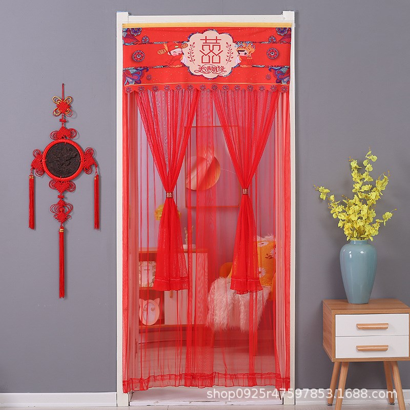 蕾丝大红色新中式结婚防蚊纱卧室门帘新婚婚房布置装饰婚庆帘 - 图2