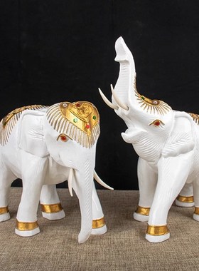 大象摆饰一对实木白色泰国工艺礼品摆饰招财吸水木雕东南亚风格装