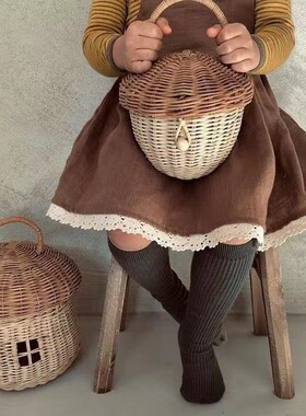 韩风藤编橡果篮子蘑菇篮子拍照道具儿童房装饰