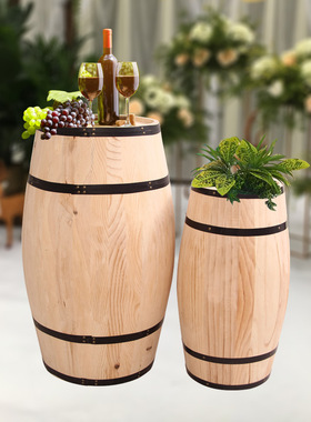 超市商场软装美陈陈列摆设花艺橡木实木啤酒桶摆件红酒桶道具