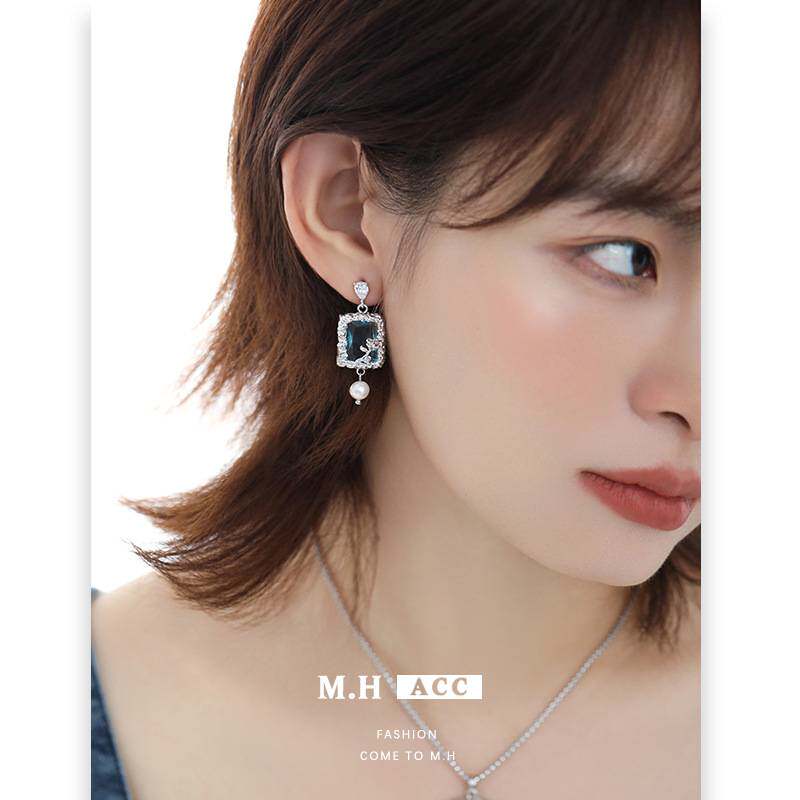 Original design square blue zircon series women's fashion versatile high-end necklace earrings ring jewelry