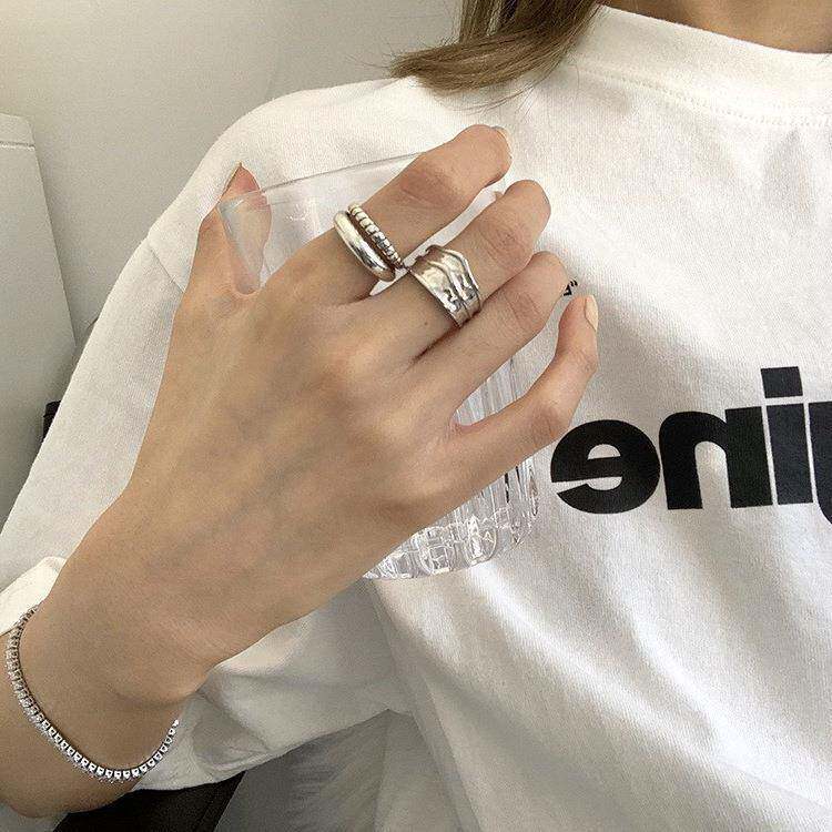 Geometric Twist Double Layer Ring Women's Retro Fashion S925 Silver Irregular Open Ring Hip-Hop Punk Index Finger Ring