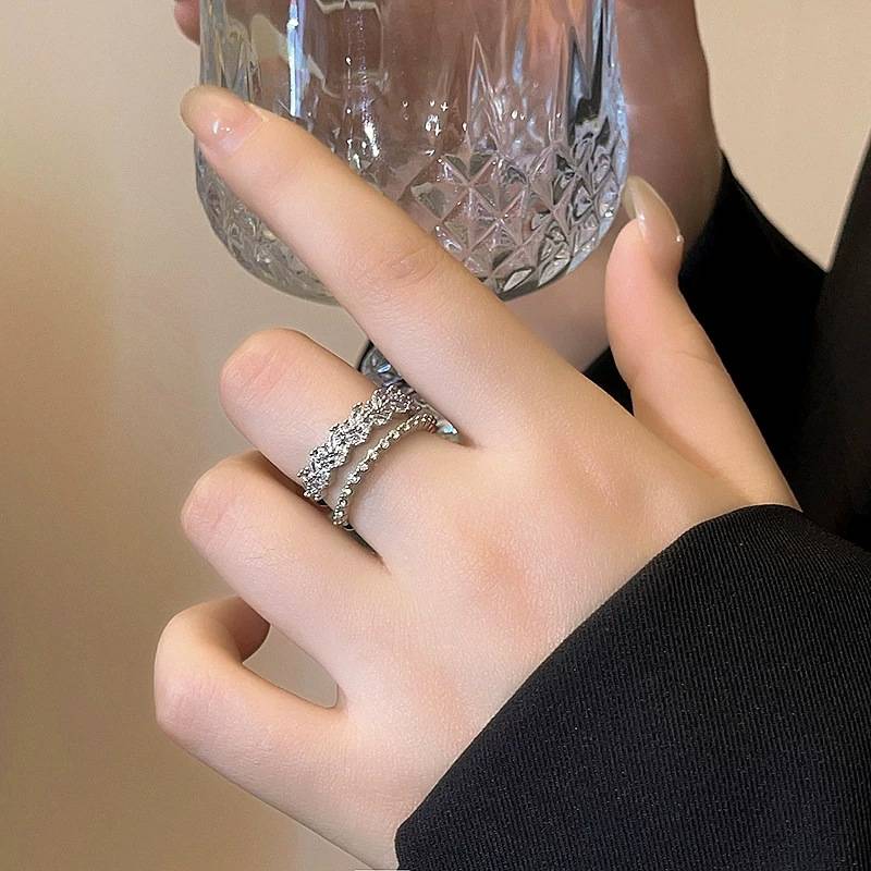 Silver zircon wheat ear double-layer open ring, light luxury, exquisite, compact, high-end, unique design, cold style hand jewelry