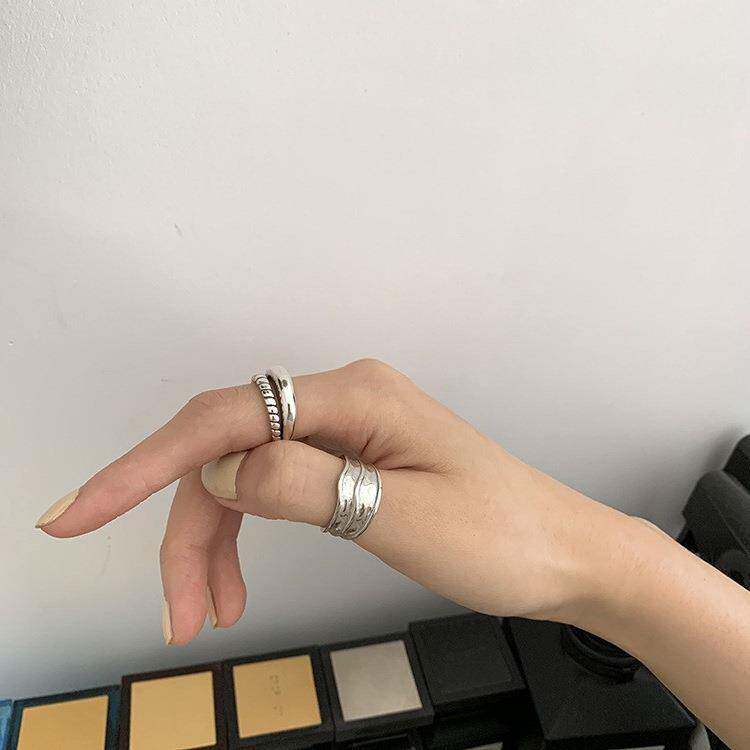 Geometric Twist Double Layer Ring Women's Retro Fashion S925 Silver Irregular Open Ring Hip-Hop Punk Index Finger Ring