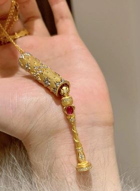 Vintage中古新中式拉丝金筒魔法棒吊坠项链权杖小众设计感锁骨链