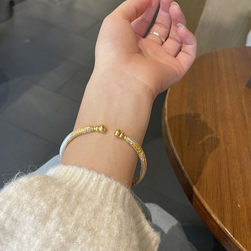 XBK99木槿花99葫芦头纯银手镯绕丝描金粉色足银 珐琅开口银手镯实 - 图2