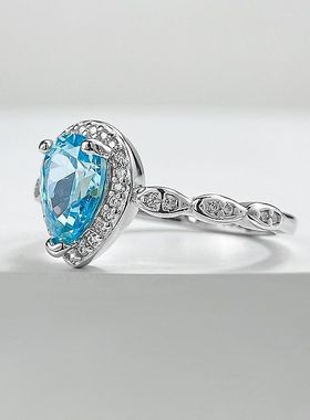 鑫葆康彩宝戒指女s925银6*8mm海蓝指环气质通勤爆款热卖饰品个性