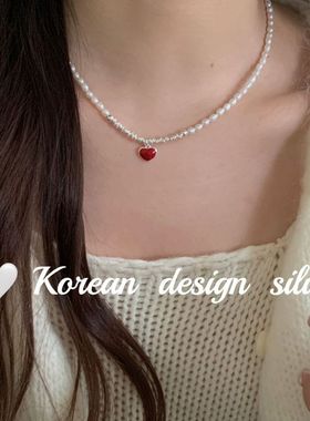 韩版日系手工设计饰品 S925纯银红色滴釉爱心扁珠珠天然珍珠项链