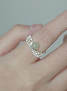 S925纯银新中式编织线条和田玉戒指小众设计感轻奢高级感食指戒女