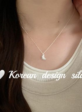 韩国设计亮银饰品 S925纯银 精巧立体牛角包项链 高级感叠戴ins风