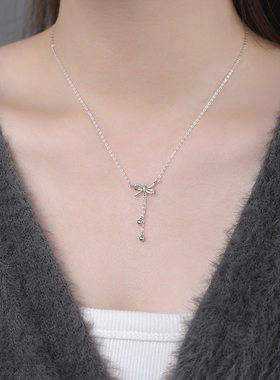 S999足银淡雅蝴蝶结流苏项链女甜美森系气质高级感小众锁骨链