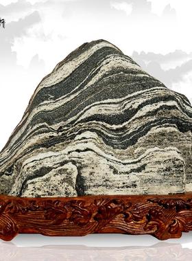稳如泰山石敢当天然原石镇宅客厅落地石材摆件精美古典风实木底座