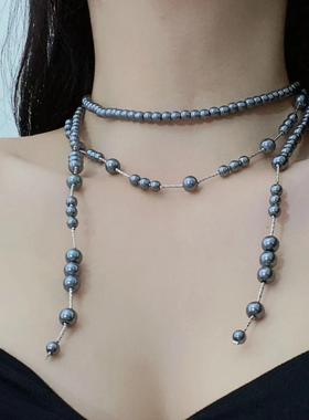 欧美秋冬长款珍珠多层流苏网红项链小众高级感不对称毛衣链颈链潮