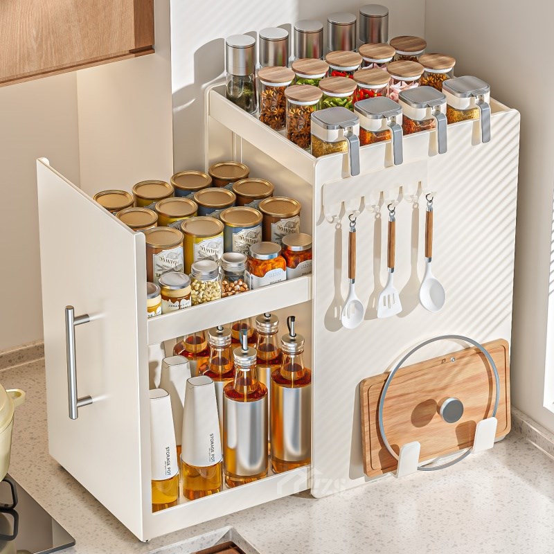 厨房转角调料置物架抽拉式调料柜架多功能油盐酱醋收纳架窄边橱柜 - 图0