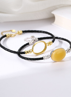 S925纯银椭圆形手链空托小众设计diy镶绿松石蜜蜡琥珀皮绳手饰托