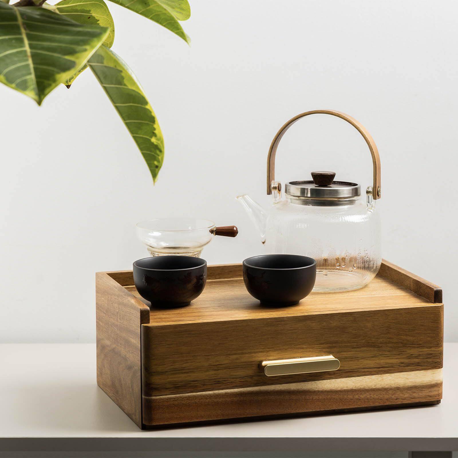 Wooden Tea Bag Storage Bag Acacia Wood Tea Set Accessories Storage Drawer Tea Box Tea Stand Stand Divider Wooden Box Wholesale
