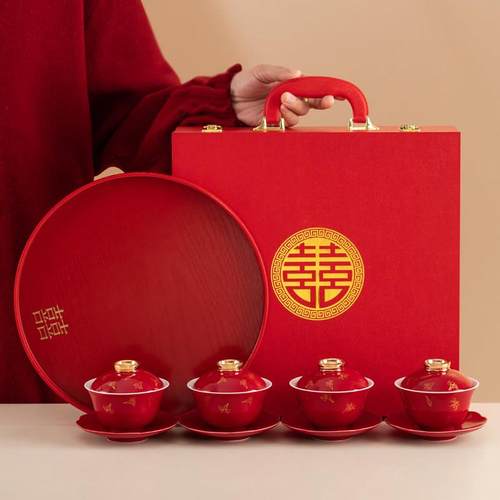 唐呈结婚改口敬茶杯一对红色陶瓷盖碗杯子套装新人婚礼喜庆敬酒杯 - 图3