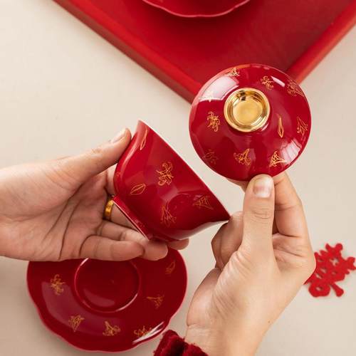 唐呈结婚改口敬茶杯一对红色陶瓷盖碗杯子套装新人婚礼喜庆敬酒杯 - 图0