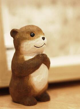鹿妖商店 许愿水獭 祈福礼物 纯手工木雕桌面摆件 实木动物雕塑
