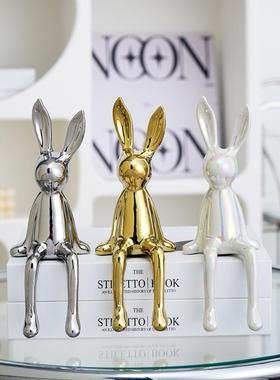 现代轻奢电镀银兔子摆件玄关酒柜电视柜客厅家居隔断房间软装饰品